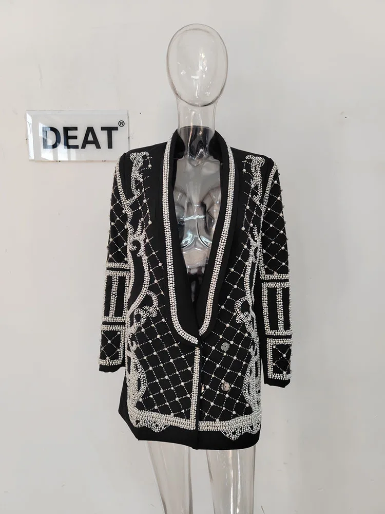 DEAT Fashion Women\'s Blazer Shawl Collar Hidden Breasted Handmade Pearl Beaded Long Sleeve Suit Jackets Autumn 2024 New 17A4050H