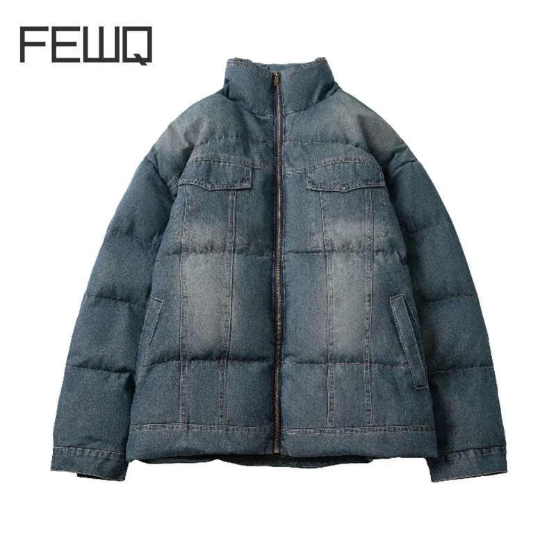 FEWQ Denim Cotton Padded Men's Parka Coat Thickened 2024 Stand Collar Zipper Vintage Long Sleeve Male Tops Casual 24E5857