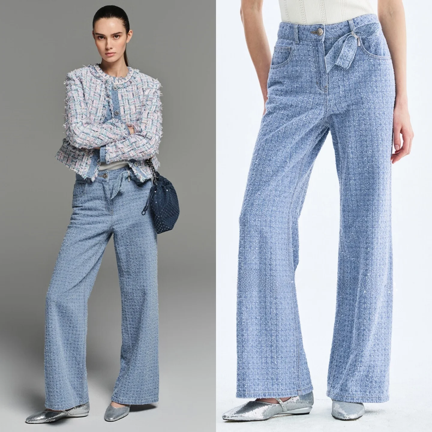 Detachable  Knot Super Soft Denim mid High Waist Commute Slimming Casual Versatile Jeans Women's Fashion Spring Autumn