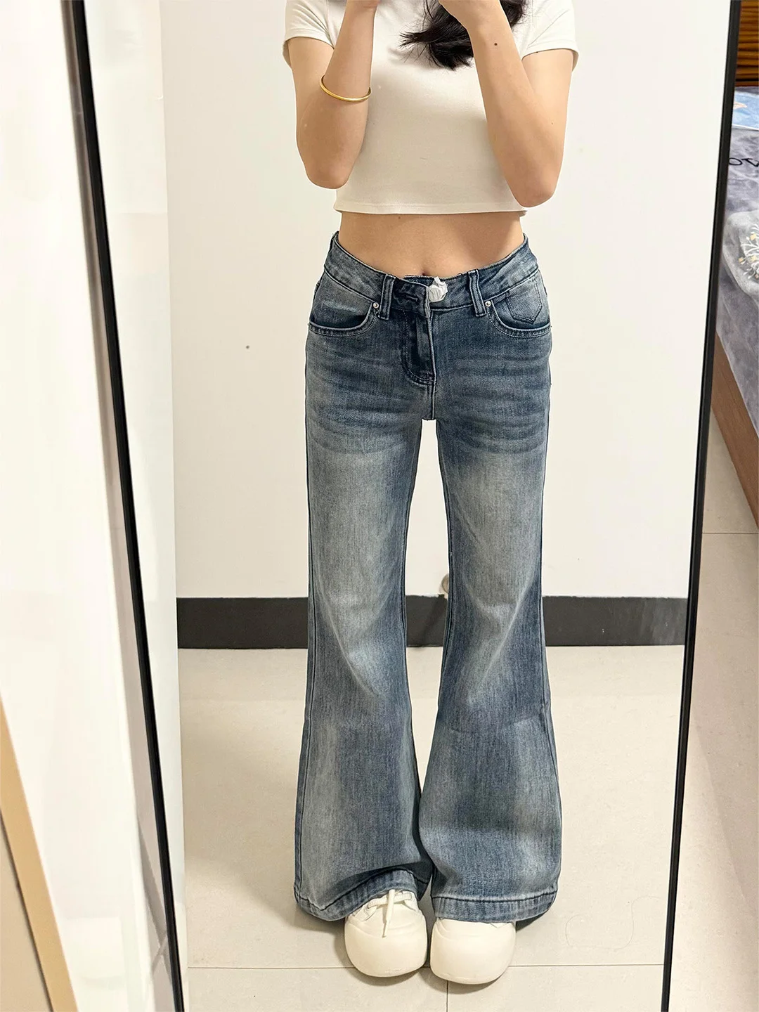 

Summer 2026 High Waist Bell Bottom Denim Jeans Women's Vintage Washed Slim Fit Floor Length American Style Casual Wear