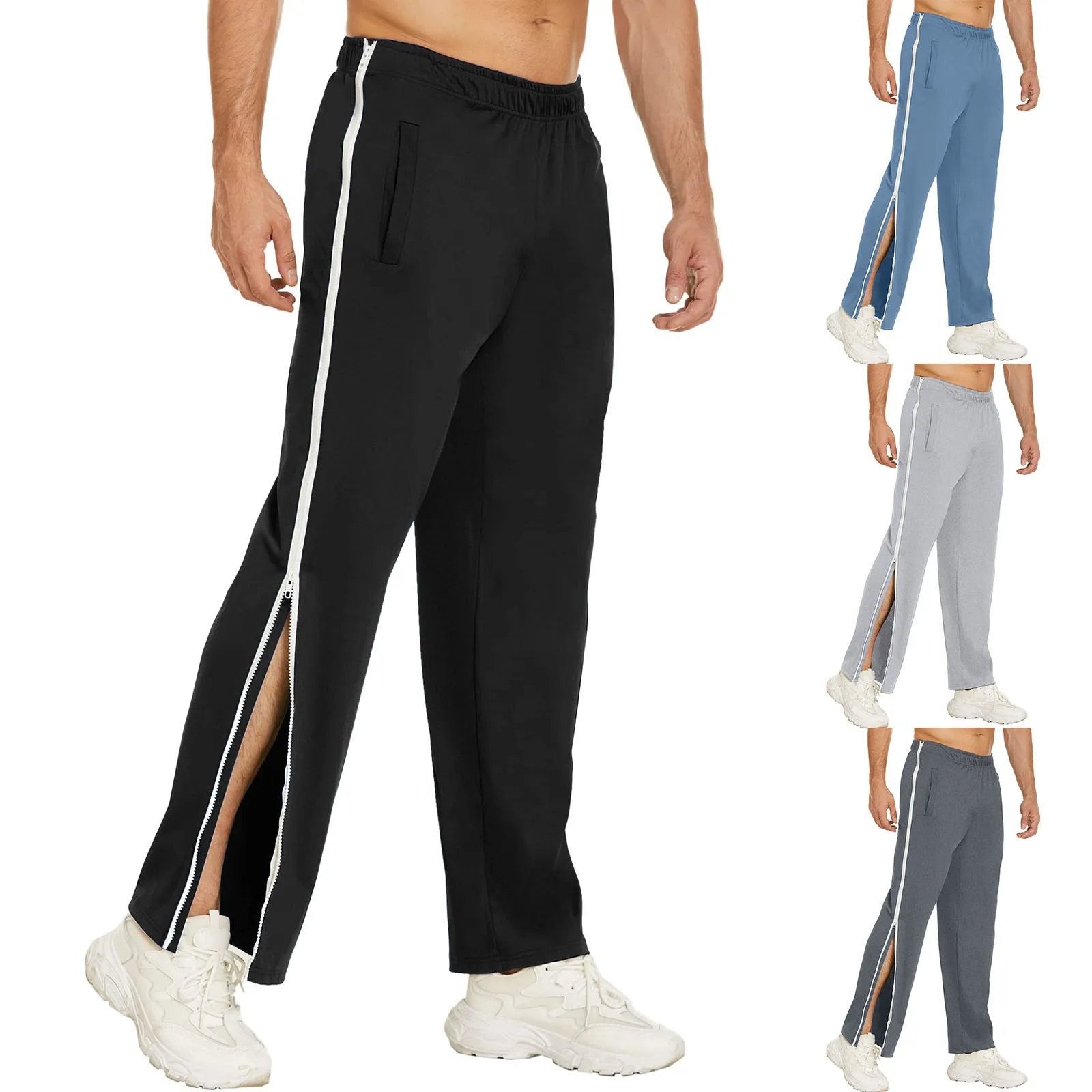 

Men Sweatpants Elastic Waistband Pockets Sports Trousers Splicing Color Wide Leg Side Zipper Tear Away Basketball Pants