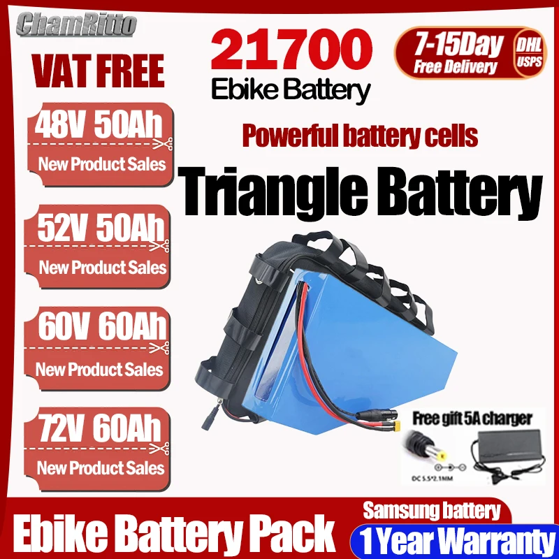 

48V 52V ebike Batterij Driehoek 60V 52V 72V 50ah 30 60ah Elektrische Fiets Pakket Voor 18650 Bafang 750W 1000W 1500W 2000w 3000W