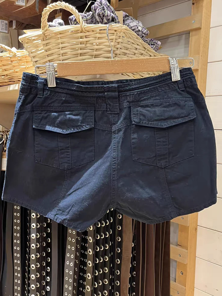 Vintage Solid Pocket Cargo Shorts Women Sexy Low Waisted Summer Sporty Joggers Female Streetwear Harajuku Basic Shorts Pants