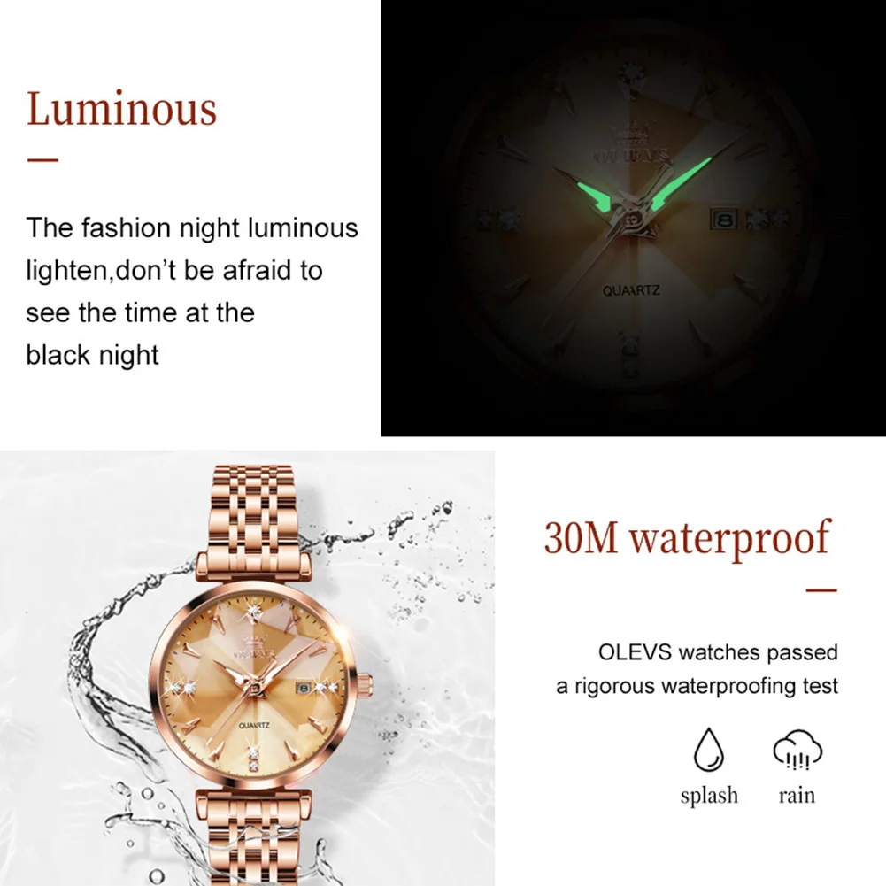 OLEVS Top Women\'s Watches Fashion Elegant Rhombic shape Mirror Original Quartz Rose Gold Satainless Steel Waterproof Strap Date