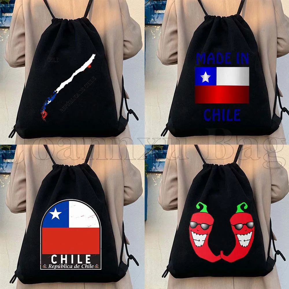 

Chile Flag Map Hot Chili Peppers Travel Cute Gifts Canvas Drawstring Backpack Sports Gym Sackpack String Bags for Running Hiking
