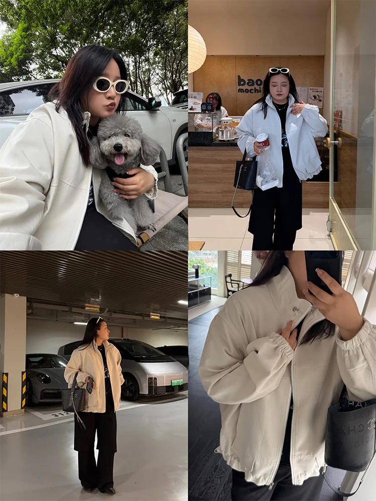 

Loose Casual Simple Retro Stand Collar Jacket plus Size Outerwear Pencil XiaoXin Women's Clothing Commute Pure Color Zipper