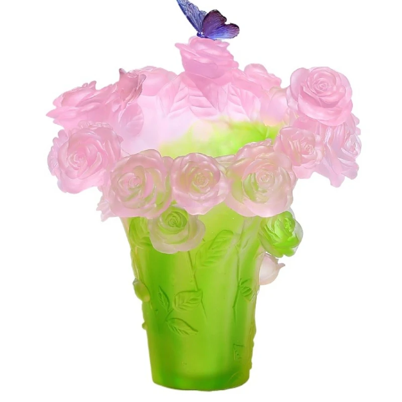 

Rose butterfly vase ornament home living room flower arrangement decoration wine cabinet Bogu frame glazed handicraft advanced