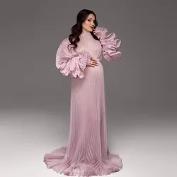 Transparent Illusion Pregnancy Dresses Tulle Baby Shower Long Sleeve Maternity Gown Pleated Tulle Long Pregnancy Maternity Dress