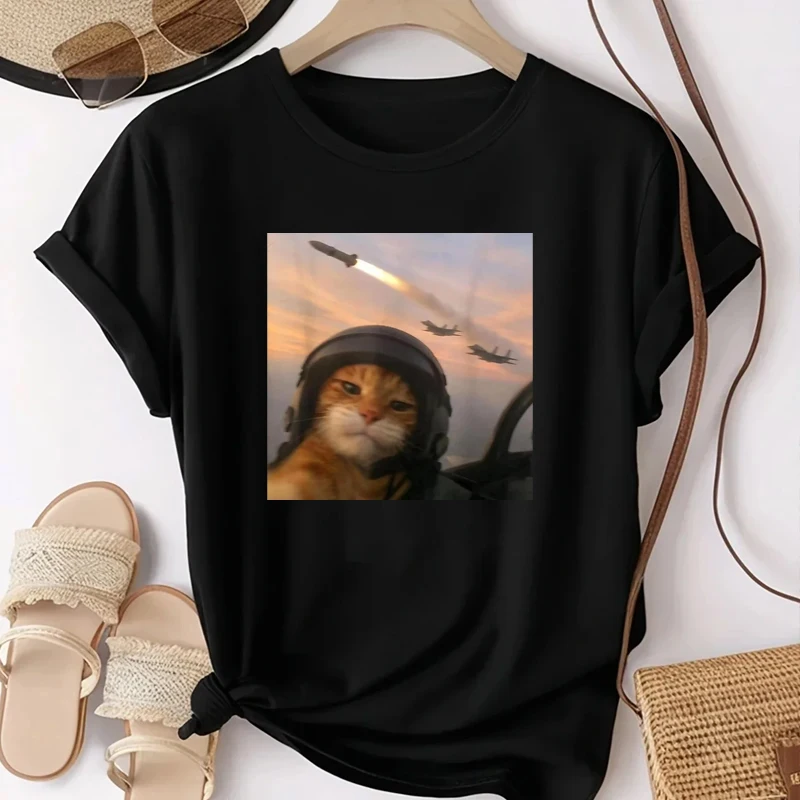 Funny Selfie Squad Cat Fighter Pilot Gen Z Humor T-Shirt Women Clothing Fashion Personality Graphic T Shirts Y2K Top