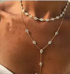 Gold Color Fashion Women Jewelry Micro Pave 5A CZ Evil Eye Charm Long Y Lariat Sexy Multi Layer Necklace