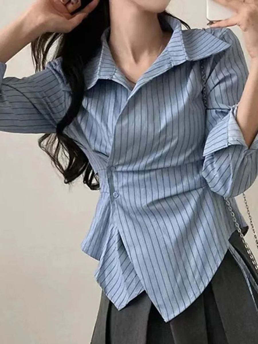 Women Slim Waist Striped Shirt Long Sleeve Lapel Collar Asymmetrical Hem Oblique Button Detail Fashion Office Casual
