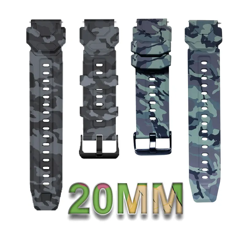 Camouflage Watch Band For C20 Tank M1 Smart Watch Strap 20mm Silicone Replacement Bracelet Camo Black Green Wrist Strap