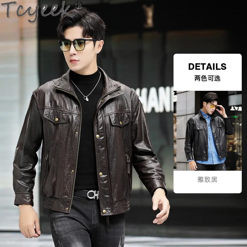 Tcyeek Genuine Leather Jacket Men L0il Wax Cowhide Coat Spring Autumn Clothes Mens Motocycle Jackets Loose Fit Jaqueta De Couro