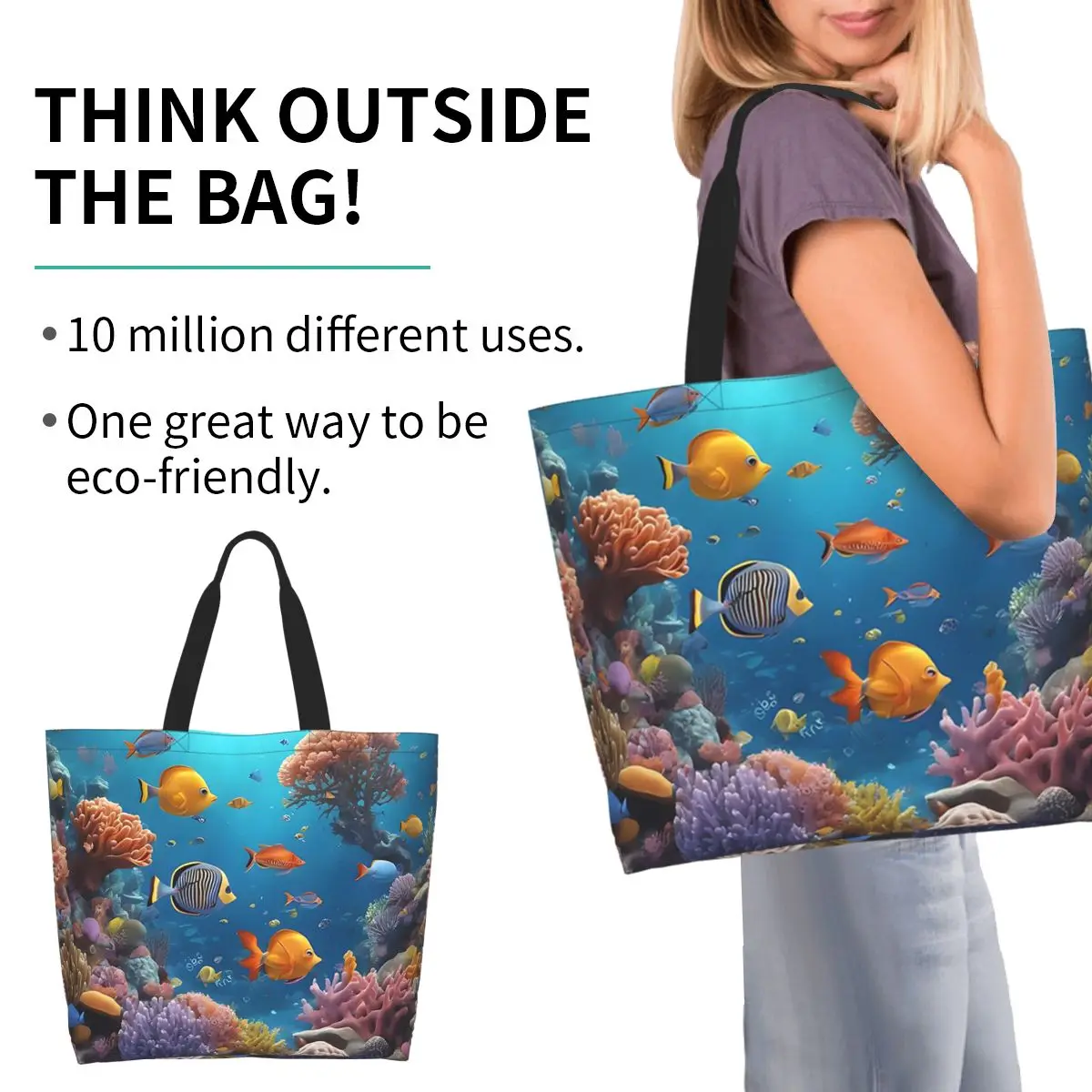 Underwater World With Coral Reef Tropical Fish Shopping Tote Bag Canvas Large Capacity Shoulder Bags Shopper Grocery Handbag