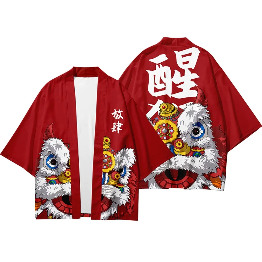 Summer Japanese Kimono Men's Fashion New Chinese Lion 3D Printing Traditional Short-sleeved Beach Shirt Women's Cardigan Kimono