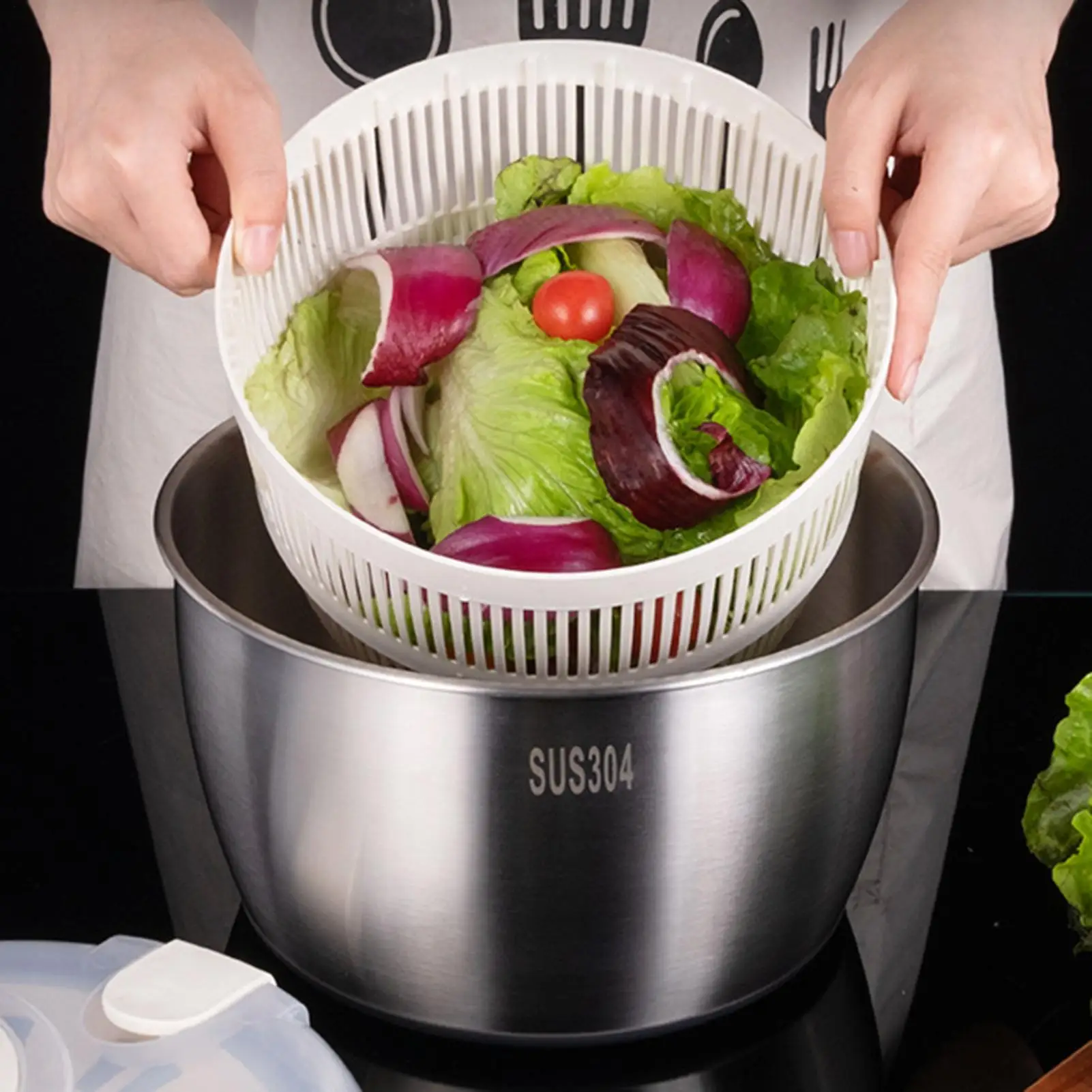 Salad Spinner Large Lettuce Spinner Salad Dryer Stainless Steel Salad Washer with Rotating Handle Veggie Spinner Salad Mixer for