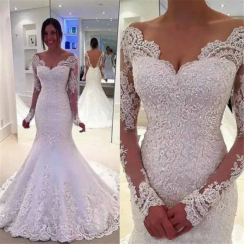 Customized Lace Mermaid Wedding Dress African Bride Gowns Appliques Capped Poet Long Sleeve Deep V Back Pearls Sweep Train Princ