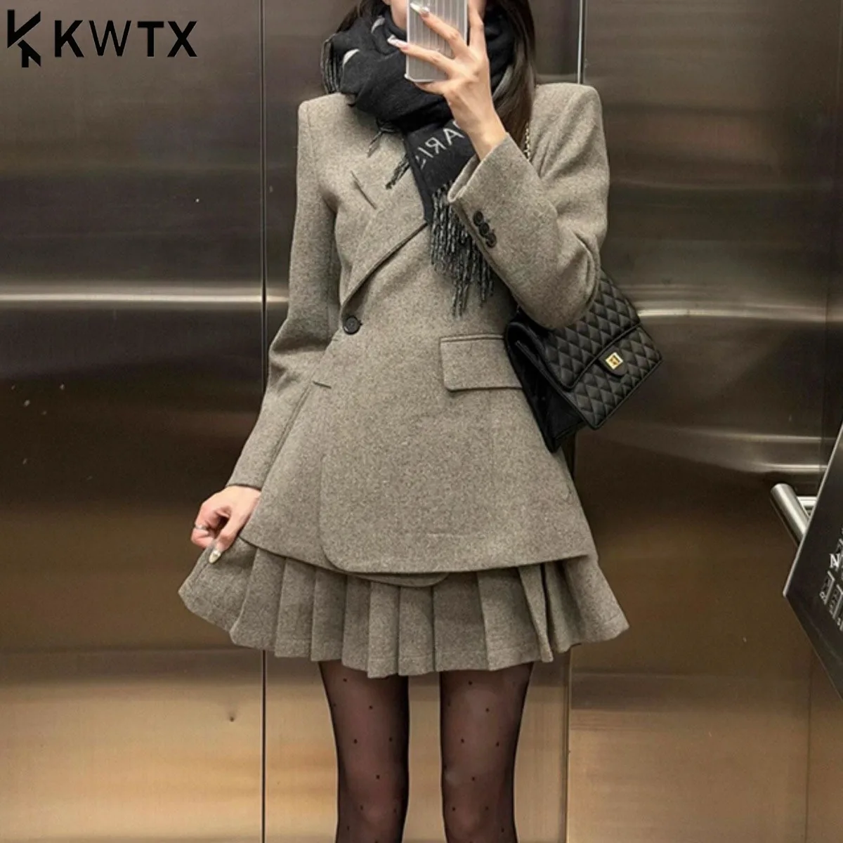 

KWTX Women’s Casual Blazer Vintage Gray Button Waist Asym Design Elegant Chic Premium Quality 2025 New Autumn Winter Coat