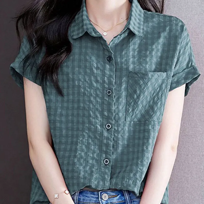 Women's Clothing Fashion Plaid Blouse 2024 Commute Single-breasted Casual Pockets Patchwork Summer Turn-down Collar Loose Shirt