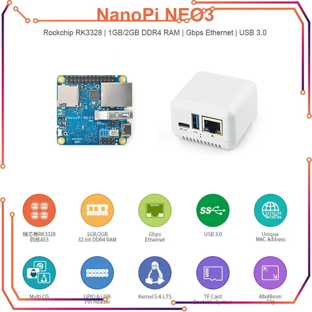 

MICROBOT NanoPi NEO3 1GB/2GB DDR4 RK3328 Cortex A53 Quad-core 64-bi Support Linux Ubuntu Core Upgrade Nanopi NEO2