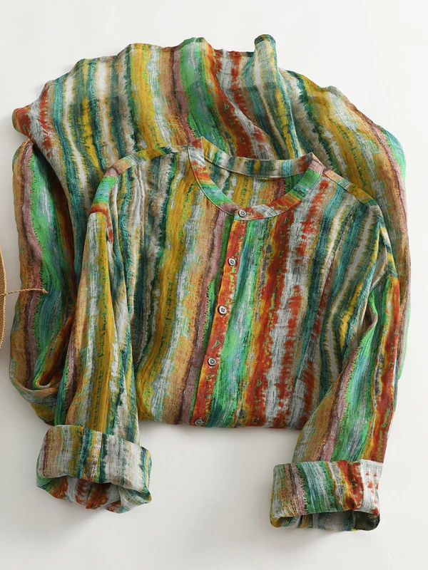 캐주얼 코튼 린넨 큰 사이즈 여성용 중간 길이 싱글 버튼 스탠드 칼라 롱 슬리브 오픈 가디건 탑 컬러 블록...