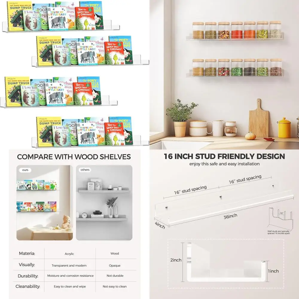 

36 Clear Acrylic Floating Wall Shelves for Kids & Nursery, 16 Stud Spacing, 4 Pack (5mm Thick)