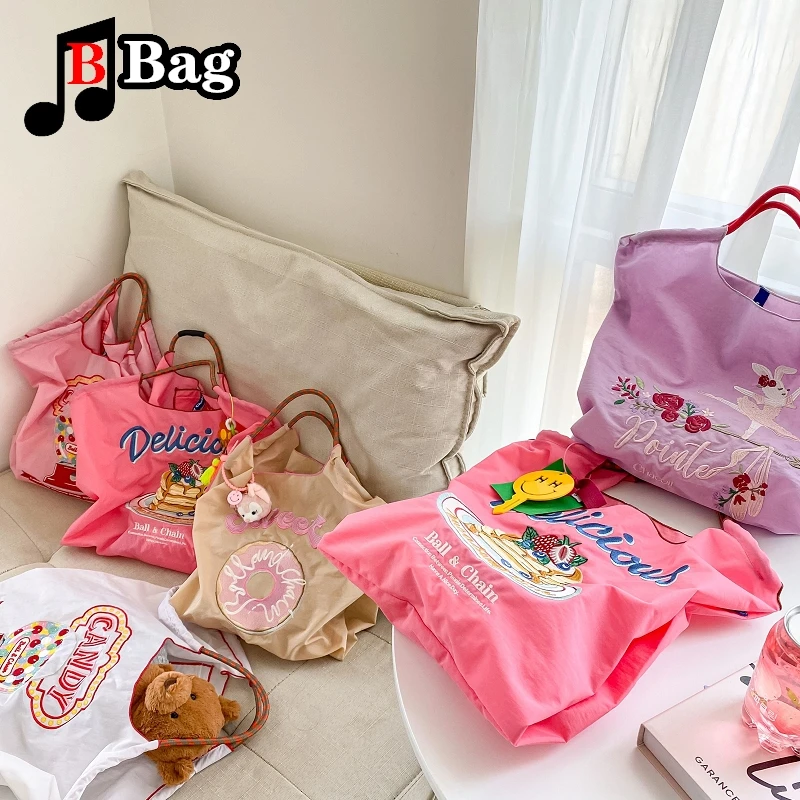 Japanese Women girl Sweet Cartoon embroidery Nylon Shoulder Bags Handbag tote Fashion Female Large capacity Cloth Shopping bags