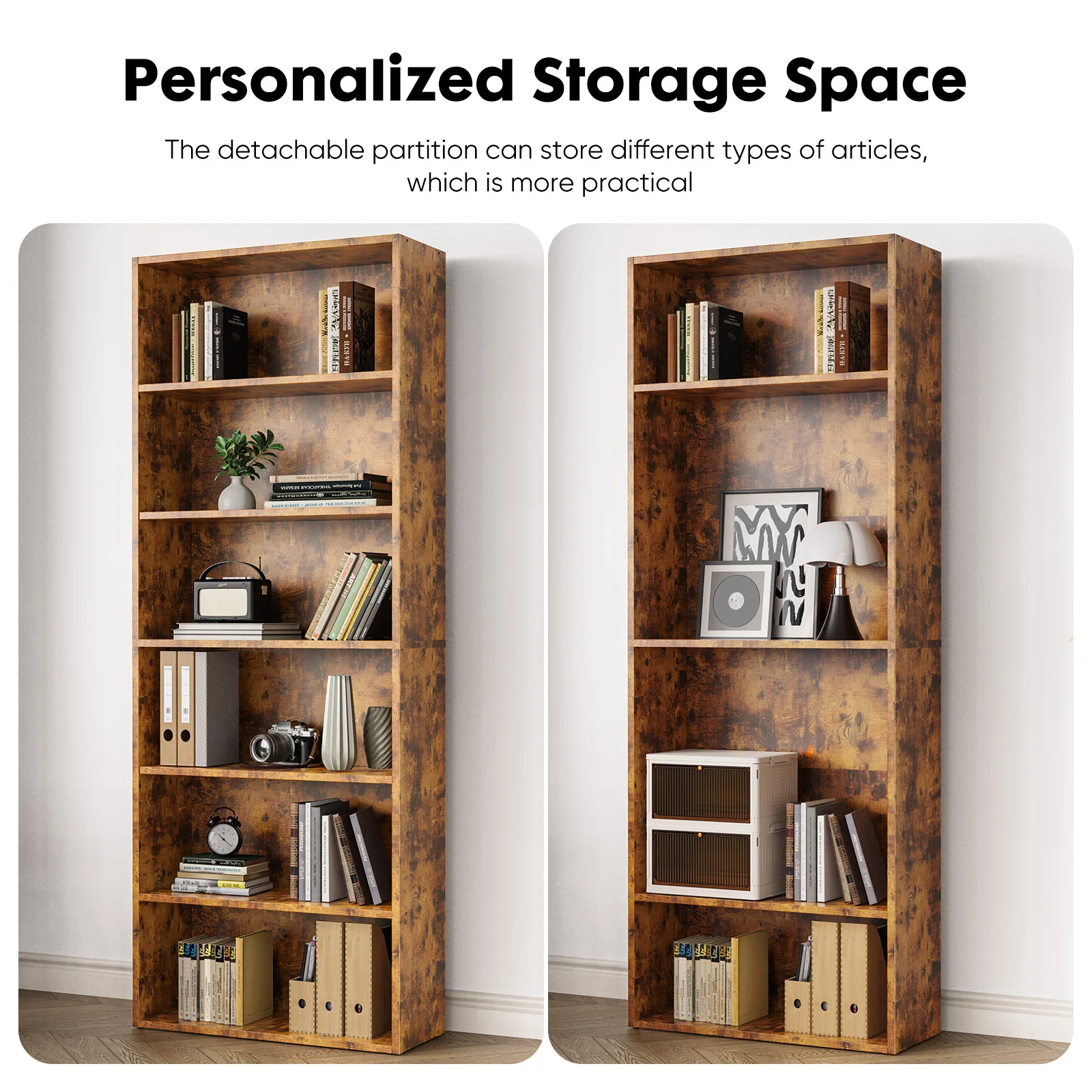 Pop 6 Tier Wooden Shelf Bookcase 63 Inch Tall Floor Standing Open Bookshelf For Living Room And Home Office Personalized Storage