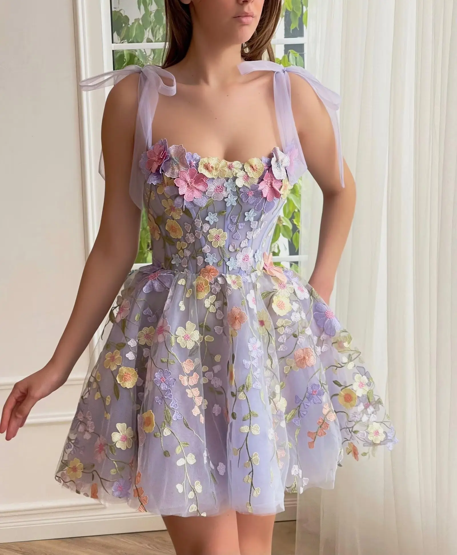 Simple A-Line Lilac Short Homecoming Dress with 3D Flowers Square Neckline Cocktail Dresses Dress Short Length Wedding Dresses