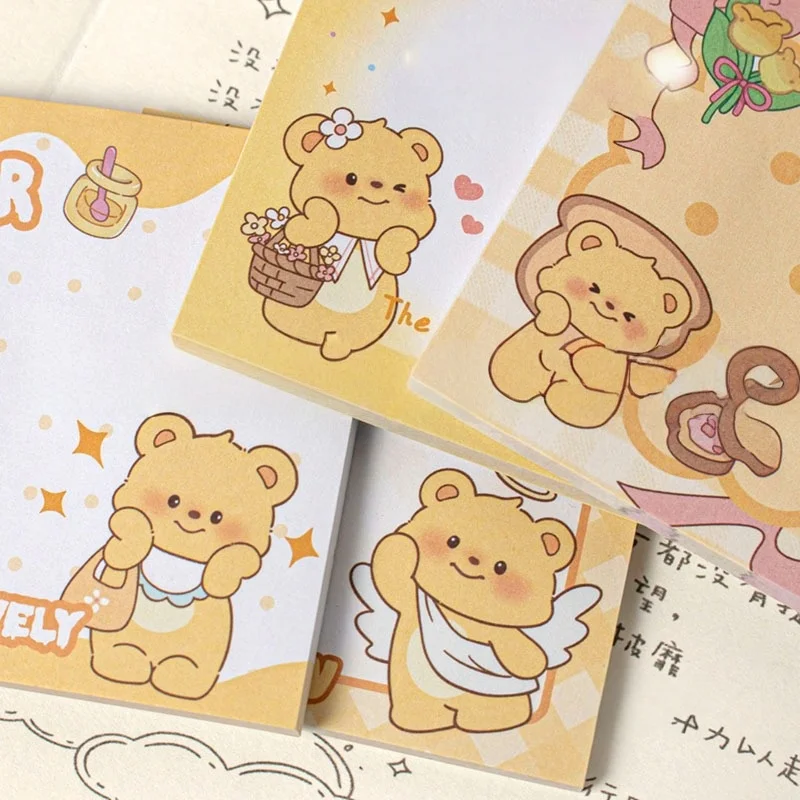Bear Sticky Notes Cute Cartoon Tear-Off Memo Pad for Students Cream-Colored Decorative Journal Stickers Aesthetic Scrapbooking
