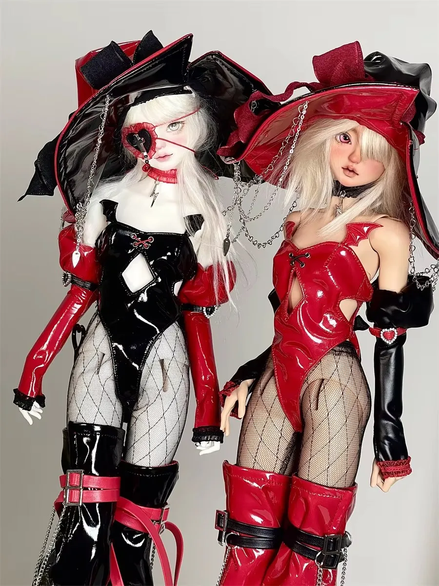 1-4-bjd-set-di-vestiti-per-bambole-giocattoli-ragazze-elegante-nero-rosso-mdd-cappelli-in-pelle-lucida-piccola-strega-loe-regola-tutina-regali-accessori-per-bambole
