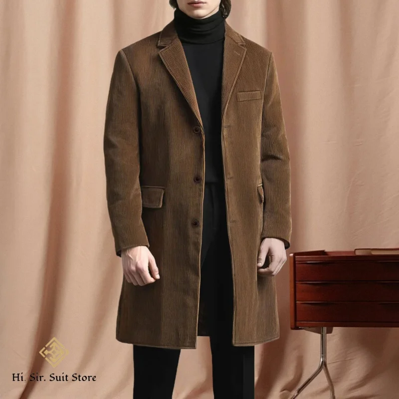 

Мужское демисезонное пальто-тренч средней длины из вельвета, однобортное, ветрозащитное, с отложным воротником, повседневное, деловое, теплое