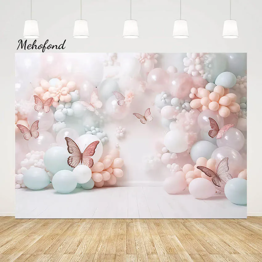 

Mehofond Photography Backdrops Pink Butterfly Balloon Wall for Princess Birthday Party Cake Smash Decor Background Photo Studio