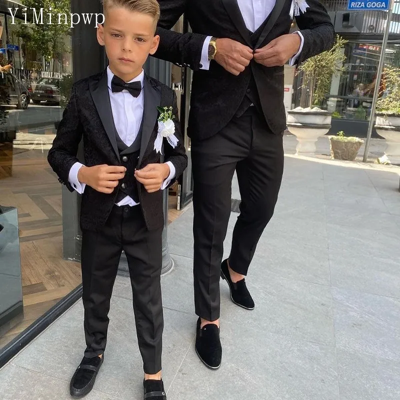 

Black Jaquard Boy Wedding Suit Peaked Lapel One Button Child Kid Formal Party Perfomance Celebrity Dress 3 Piece Coat+Vest+Pant