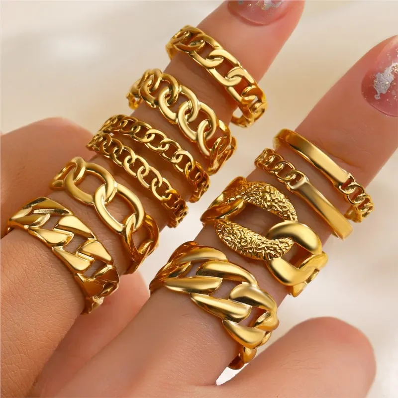1Pcs Stainless Steel Geometric Chain Hollow Ring For Women Trendy Simple Personality Open Ring Waterproof Jewelry Accessories