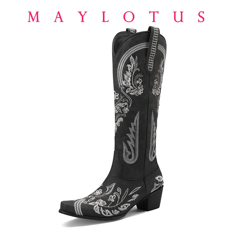 

Retro Rivet Long Boots Women Low Heel Cowboy Chelsea Western Pu Leather Knee High Gothic New Ladies Shoes Vintage Boots