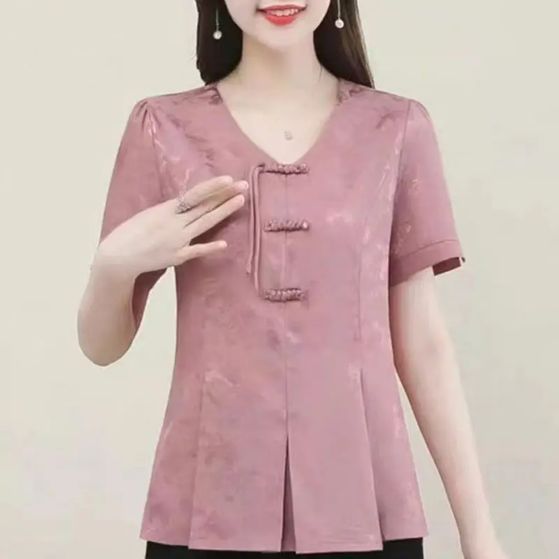 

Slim Fit Short Sleeve T-Shirt Women's Base Layer Fashionable Summer Top Age Reduction Waist Cinching Mommy's Style V-neck Tee