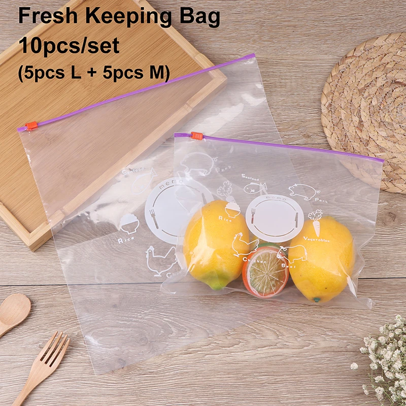 10Pcs PVC Fresh Keeping Bag For Vegetable Fruit Storage Freezing Preservation Zipper Sealed Bags Kitchen Food Organization Tools