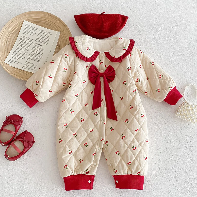 2024 New Winter 0-24M Children Thicken Warm Clothes Toddler Baby Girl Thicken Warm Printing Romper Infant Baby Girls Jumpsuit