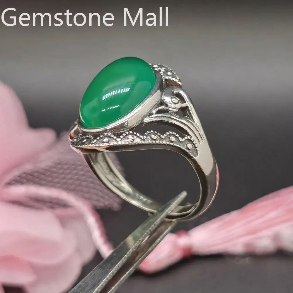 Vintage 925 Silver Gemstone Ring 10mm*14mm 6ct Natural Chalcedony Ring for Party Sterling Silver Green Chalcedony Jewelry