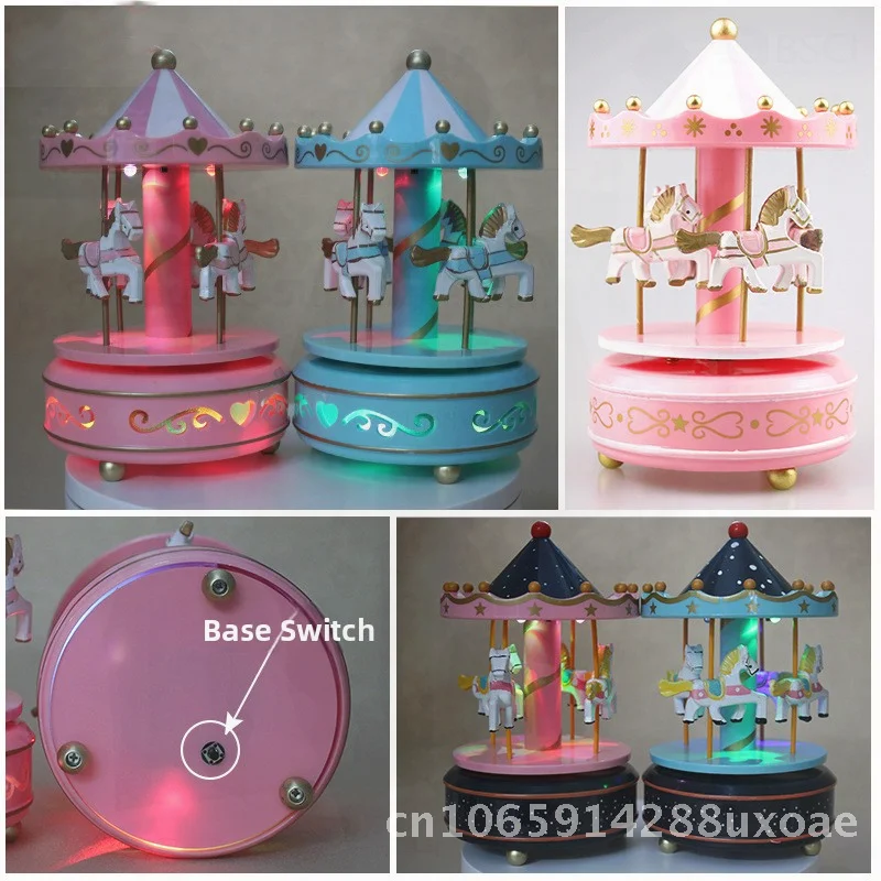 

Creative Carousel Music Box with LED Light up down European Style Handmade Wooden Decorative Ornament Pink/Blue Birthday Gift