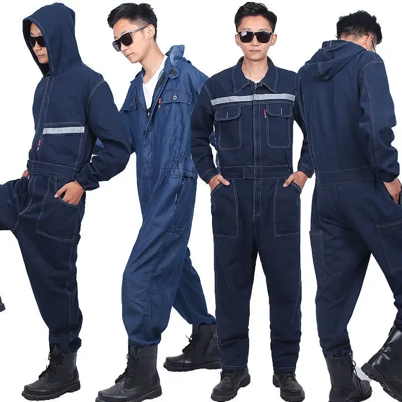 Denim Jumpsuit Work Suit Spray Painting Welder Protective Auto Repair Cargo Breeding Breathable Hooded Reflective Jumpsuit