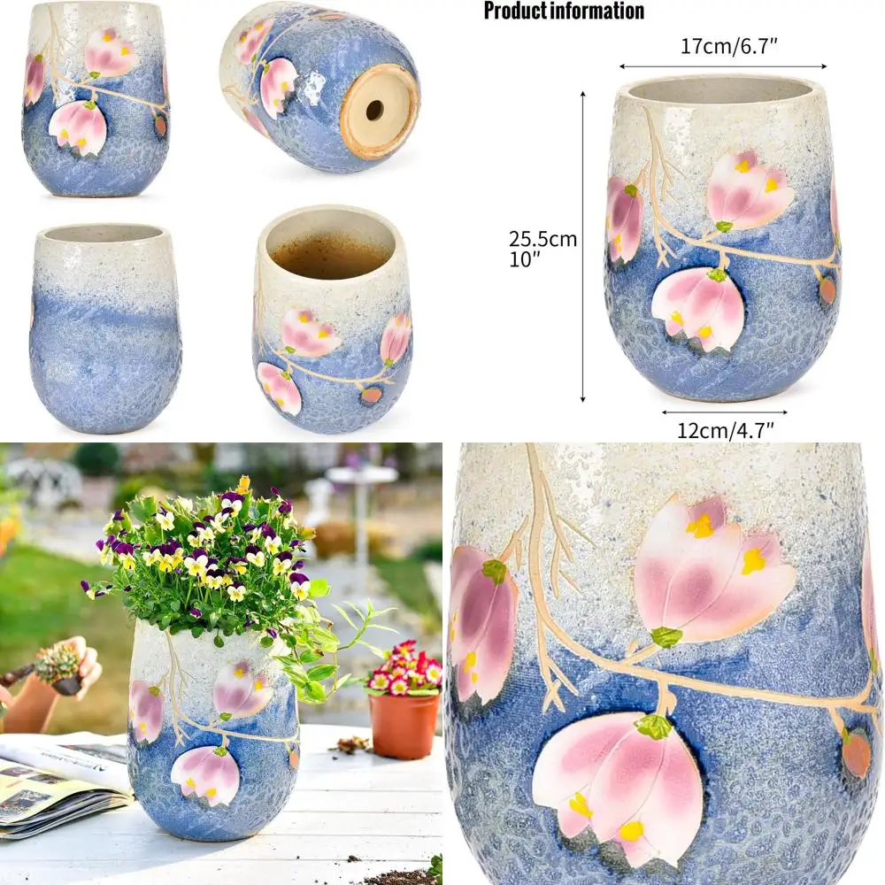 

10.6 Inch Hand-Painted Ceramic Succulent Pot with Drainage for Indoor and Outdoor Decorative Planters, Unique Texture Vase for H