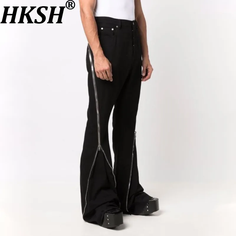 

HKSH Spring Autumn New Men Tide Dark-style Zipper Denim Flared Pants Japanese High Street Fashion Women Punk RO Chic Ins HK21598