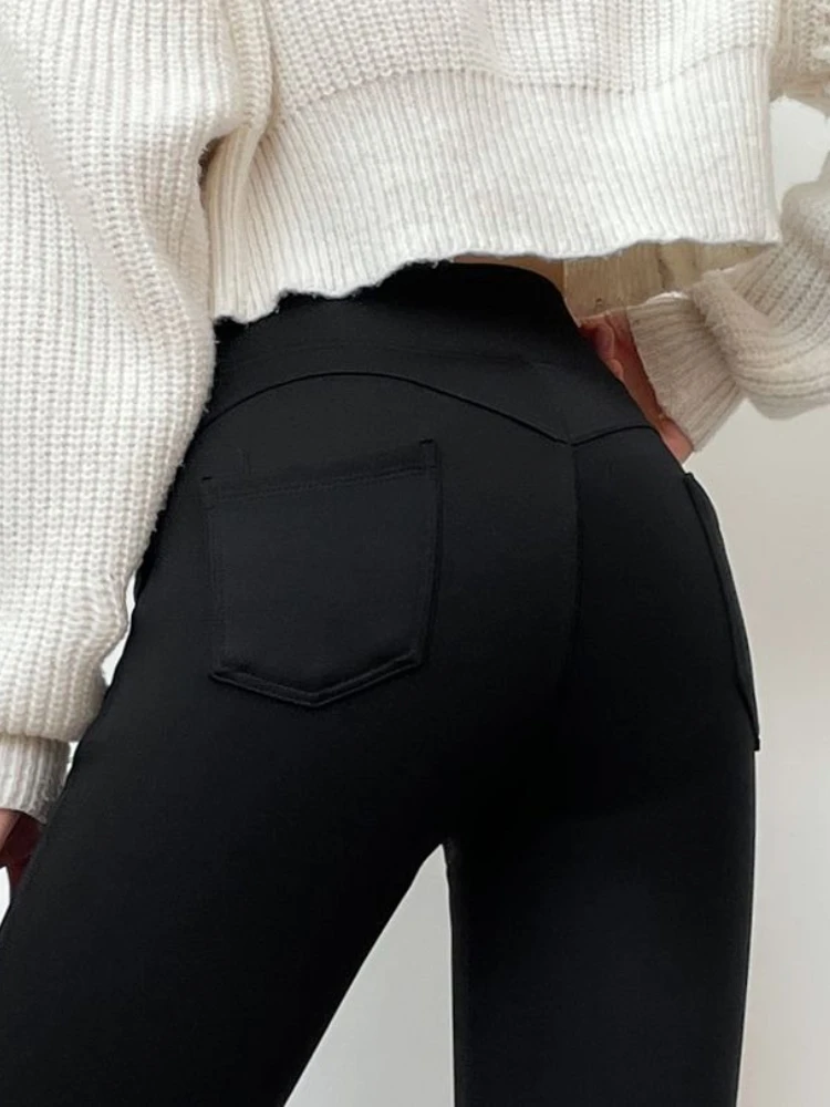 カシミヤ製暖かい黒パンツ レディースファッション ハイウエストフィットレギンス 2025秋冬新作 スリム厚手パンツ