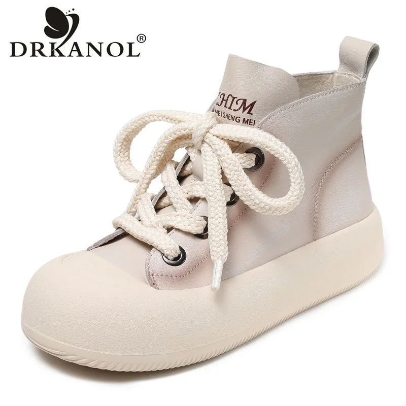 DRKANOL Fashion Women High Top Casual Sneakers Spring Genuine Leather Zipper Thick Sole Chunky Platform Shoes Women Short Boots