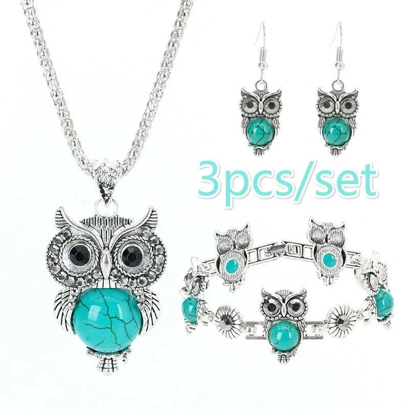 

3pcs/set 4colors Fashion Jewelry Women's Necklace Cute Owl Style Rhinestones Pendant Earring Necklaces Bracelet