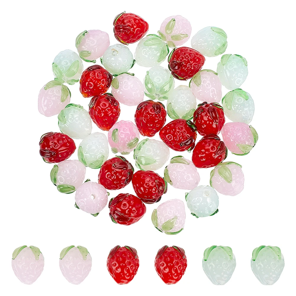 36 Pcs 3 Color Strawberry Glass Beads 15mm Handmade Lampwork Fruit Beads for DIY Jewelry Making
