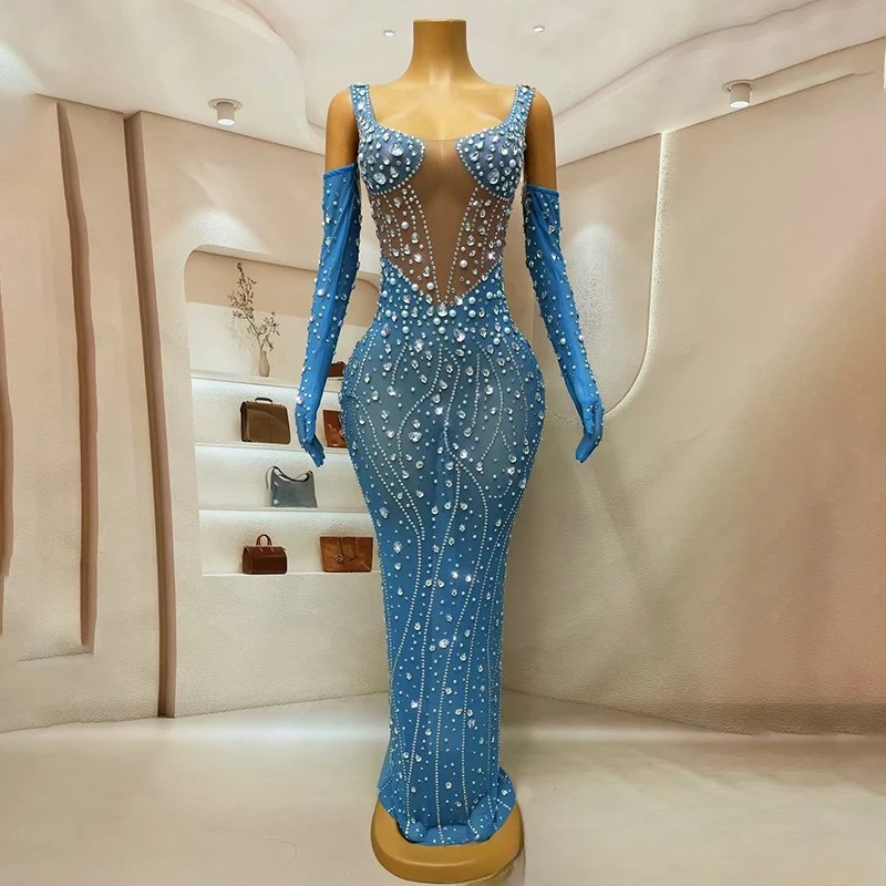 

2025 Fashion Blue Elegant Suspender Dress Company Annual Meeting Host Evening Dress Studio Exhibition Hall Performance Clothes