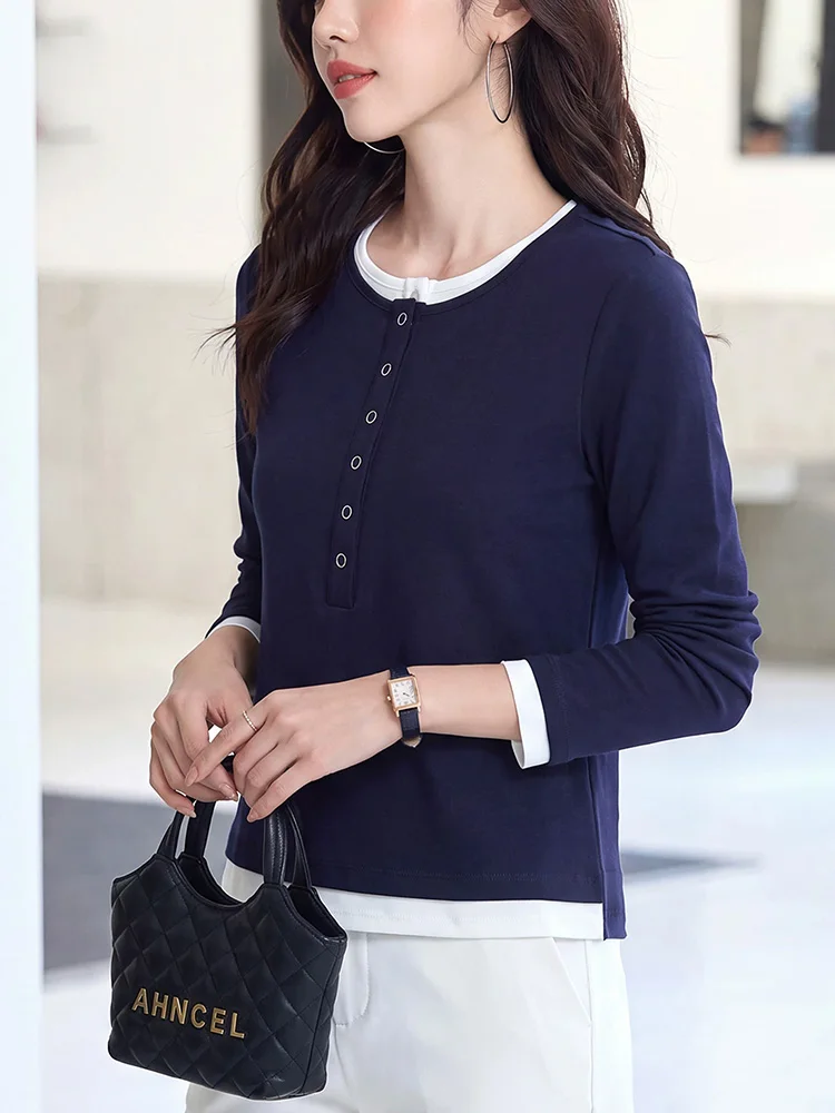 New Women Casual Daily T-shirt Spring Autumn Fashion Contrast Color Patchwork O-Neck Long Sleeve Slim Pullover T-shirt